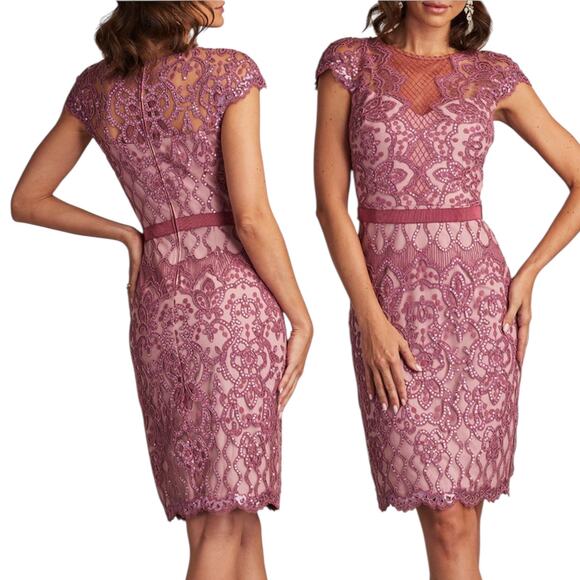 Tadashi Shoji Miranda Sequin Embroidered Cocktail Dress Mauve Size 12 - Picture 1 of 8